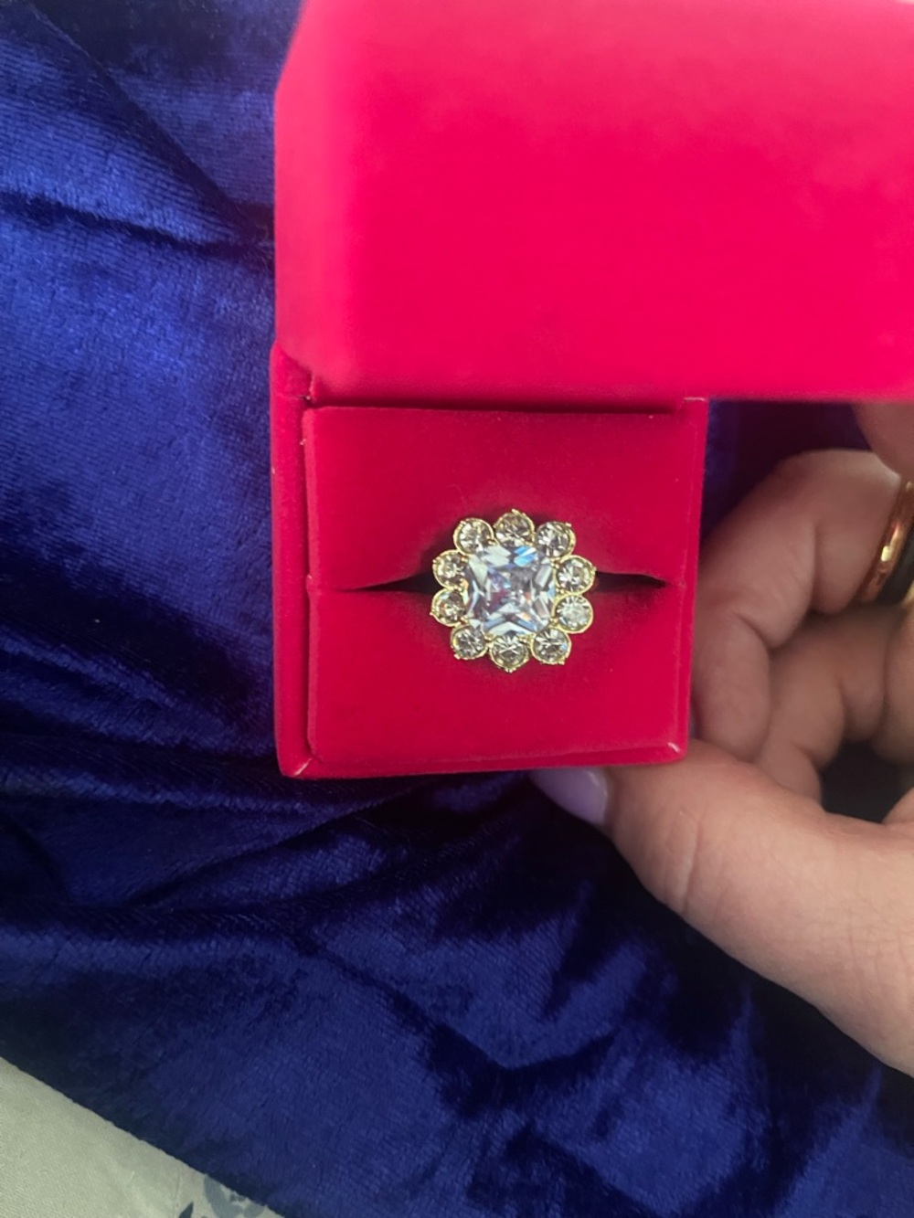 Gold Floral Halo Ring with Clear Center Stone - Women Jewelry